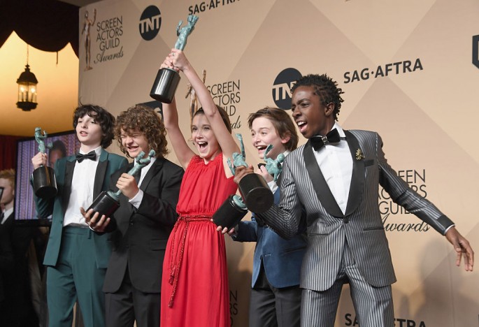 (L-R) Actors Finn Wolfhard, Gaten Matarazzo, Millie Bobby Brown, Noah Schnapp, and Caleb McLaughlin pose in the press room during the 23rd Annual Screen Actors Guild Awards on Jan. 29, 2017.