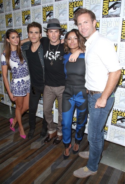 (L-R) Actress Nina Dobrev, actor Paul Wesley, actor Ian Somerhalder, actress Kat Graham and actor Matthew Davis attend 'The Vampire Diaries' Press Line during Comic-Con International 2014 at Hilton Bayfront on July 26, 2014 in San Diego, California. 