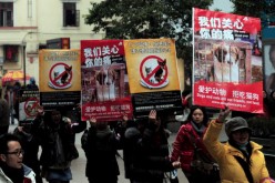 Chinese animal rights activists stage a march with posters calling for people to refrain from eating cats and dogs, in Wuhan, central China's Hubei Province.