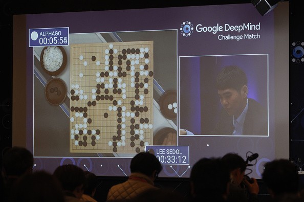 South Korean professional Go player Lee Sedol is seen on the screen during the Google DeepMind Challenge Match against Google's artificial intelligence program, AlphaGo.