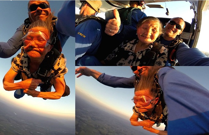 Paging Chinese millenials: Guided by a professional skydiver, Min Deyu from Shiyan, Hubei Province, conquers the skies on Nov. 29, 2014, in Melbourne, Australia. She was 82 in this picture.