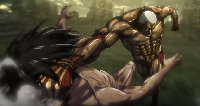 Two Titans are fighting each other as seen on the upcoming 'Attack on Titan' Season 2.