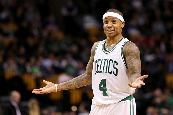 Isaiah Thomas of the Boston Celtics reacts during the fourth quarter against the New York Knicks during the second half at TD Garden on January 18, 2017 in Boston, Massachusetts.