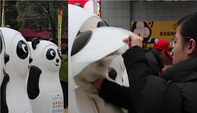 (L) Some of the panda bins put on display on Nanjing Road and Huaihai Park in Shanghai in Jan. 2016. (R) A woman places a piece of clothing inside as a donation.