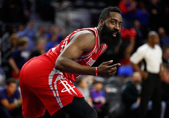 James Harden of the Houston Rockets looks on while playing the Detroit Pistons at the Palace of Auburn Hills on November 21, 2016 in Auburn Hills, Michigan. 