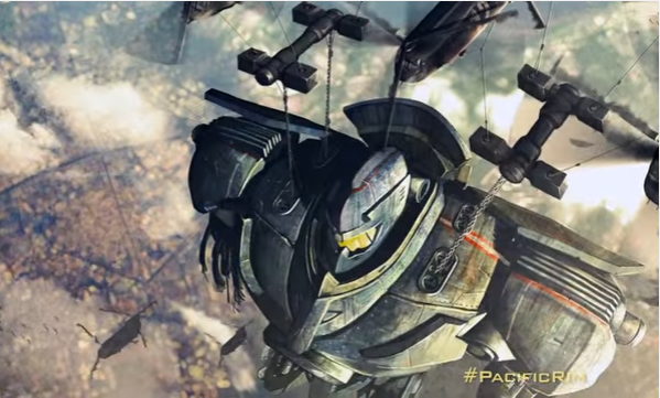The Gipsy Danger is being lifted after a Kaiju battle in "Pacific Rim."