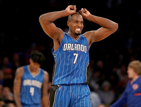 Serge Ibaka of the Orlando Magic reacts to a missed shot in the second half against the New York Knicks at Madison Square Garden on January 2, 2017 in New York City.