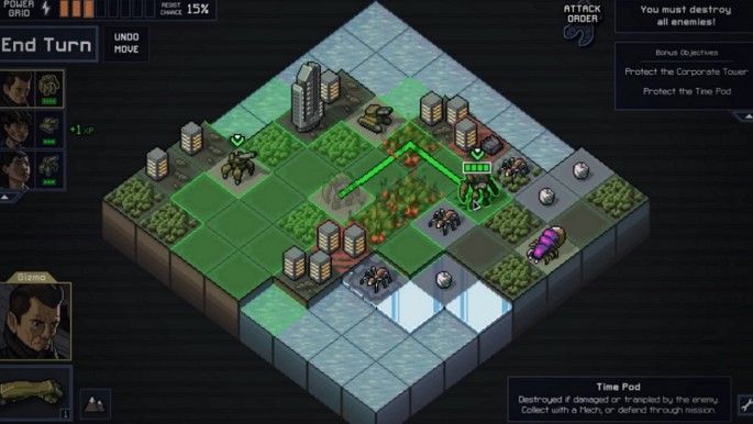 The player moves a giant mech across the battlefield in 'Into the Breach.'