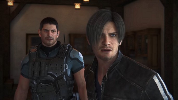 Chris Redfield and Leon S. Kennedy face an off-screen enemy in 'Resident Evil: Vendetta.'
