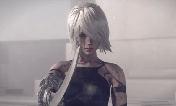 "NieR: Automata" female protagonist 2B readies her sword for another round of battle.