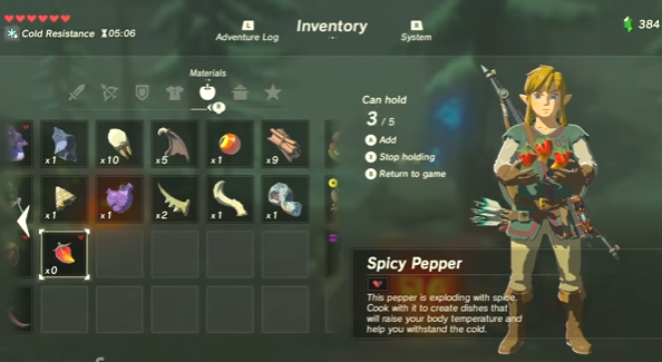 Link carries some Spicy Peppers on "Breath of the Wild's" inventory menu.