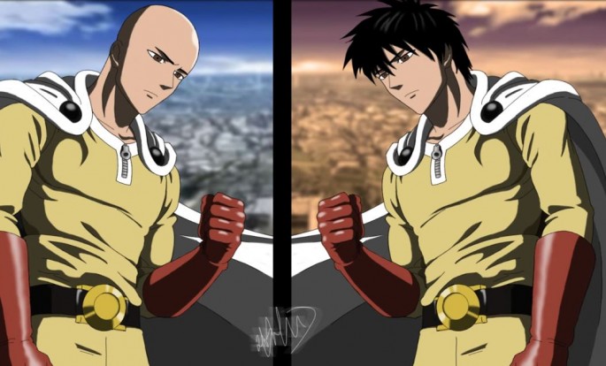 Two images of Saitama depicting a bald and haired "One Punch Man" hero.