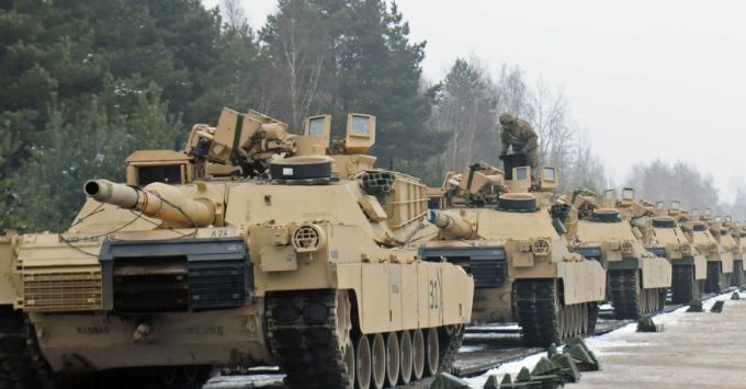 U.S. Army M1A2SEPV2 Abrams main battle tanks arrive in Poland to deter Russia.                      