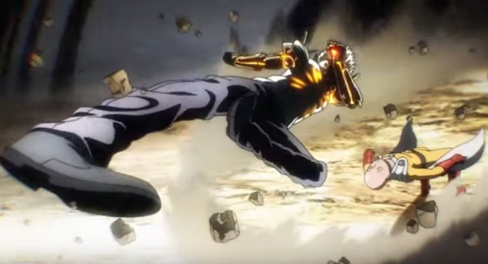 "One Punch Man" Saitama evades the powerful kick of Genos. 