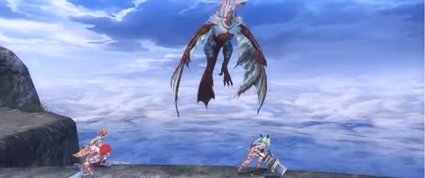 "Ys VIII: Lacrimosa of Dana's" first protagonist Adol and his friends battle against a monster high up on the mountains.