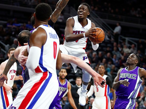 Reggie Jackson of the Detroit Pistons tries to get off a shot while playing the Sacramento Kings during the first half at the Palace of Auburn Hills on January 23, 2017 in Auburn Hills, Michigan.