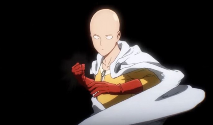 The great hero 'One Punch Man' Saitama positions his fist as he prepares to release a powerful punch.