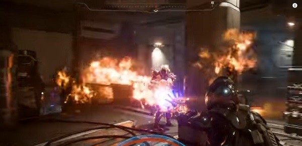 A "Mass Effect: Andromeda" character uses the Tech skill that burns enemies for massive damage.