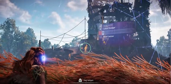 "Horizon: Zero Dawn" female protagonist Aloy uses one of her skills to scan a bandit camp.