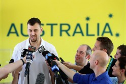 Andrew Bogut speaks during a press conference at The Edge.