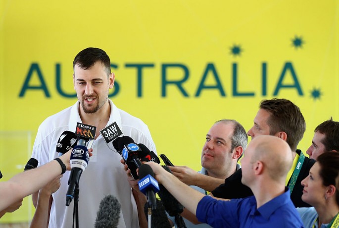 Andrew Bogut speaks during a press conference at The Edge.