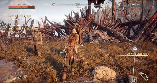 "Horizon: Zero Dawn" female protagonist Aloy chats with one of the NPCs in the game for a new quest.
