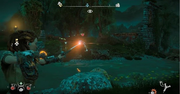 "Horizon: Zero Dawn" heroine Aloy readies her slingshot to fire a special attack on an enemy.