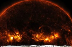 A portion of the sun is displayed to showcase its magnificence and the burning heat of its atmosphere.