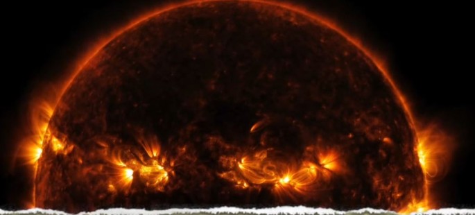 A portion of the sun is displayed to showcase its magnificence and the burning heat of its atmosphere.