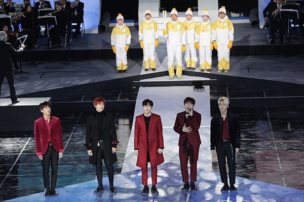 K-Pop boy band B1A4 members Jinyoung, CNU, Sandeul, Baro and Gongchan attend the PyeongChang 2018 One Year to Go Ceremony at Gangneung Hockey Center on Feb. 9, 2017 in Gangneung, South Korea.