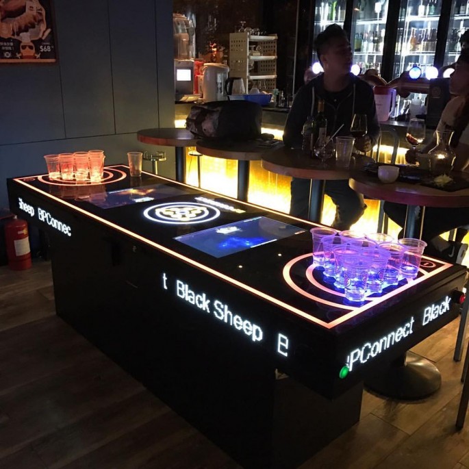 Digital beer pong table PONGConnect on display at Black Sheep Bar & Restaurant located at Macau, China.