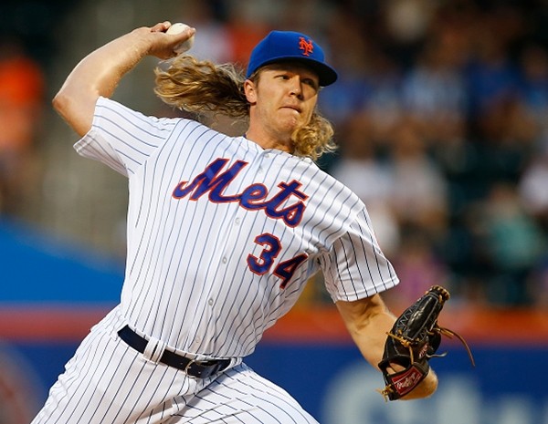 Pitcher Noah Syndergaard #34 of the New York Mets delivers a pitch against the Philadelphia Phillies during the first inning of a game at Citi Field on August 27, 2016 in the Flushing neighborhood of the Queens borough of New York City.