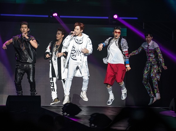 K-Pop boy groum 2PM members perform during the K-Pop 'Go Crazy' World Tour at Prudential Center on November 14, 2014 in Newark, New Jersey.