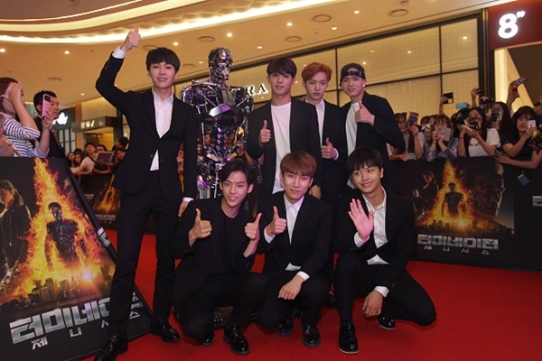 K-Pop boy group BtoB members pose during the Seoul premiere of 'Terminator Genisys' at the Lotte World Tower Mall on July 2, 2015 in Seoul, South Korea. 
