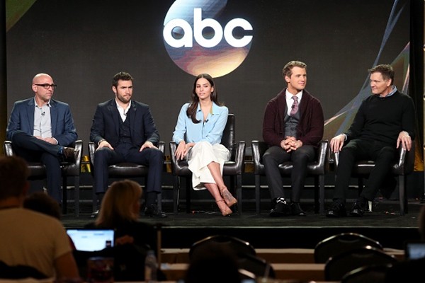 Marcos Siega, Josh Bowman, Genesis Rodriguez, Freddie Stroma and Kevin Williamson of the television show 'Time After Time' speak onstage during the Disney-ABC portion of the 2017 Winter Television Critics Association Press Tour.
