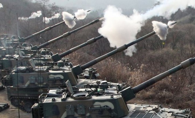 South Korean K-9 self-propelled guns firing during a drill.           