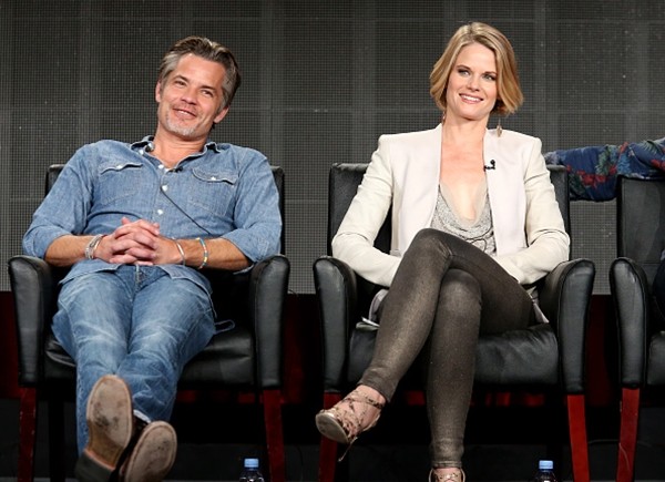 Timothy Olyphant and Joelle Carter speak onstage during the 'Justified' panel discussion at the FX Networks portion of the Television Critics Association press tour at Langham Hotel on January 18, 2015 in Pasadena, California.