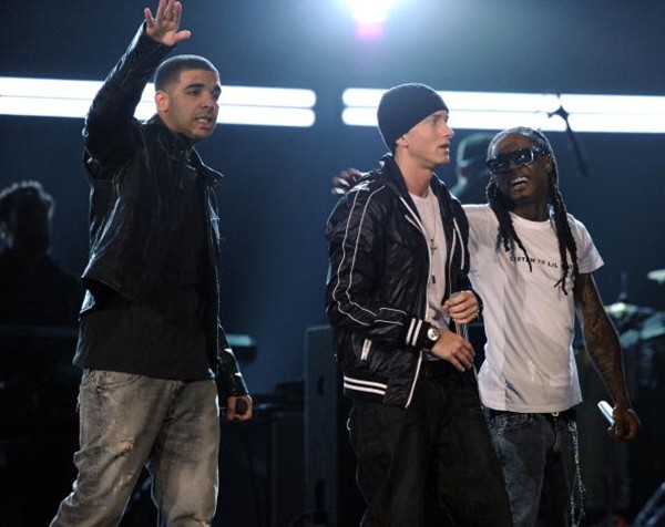 Rappers Drake, Eminem, and Lil Wayne perform onstage during the 52nd Annual GRAMMY Awards held at Staples Center on January 31, 2010 in Los Angeles, California.