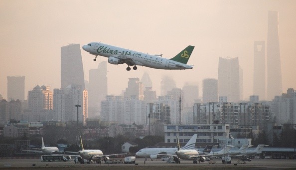 A plane from Chinese carrier Spring Airlines departs from Hongqiaou Airport in Shanghai.