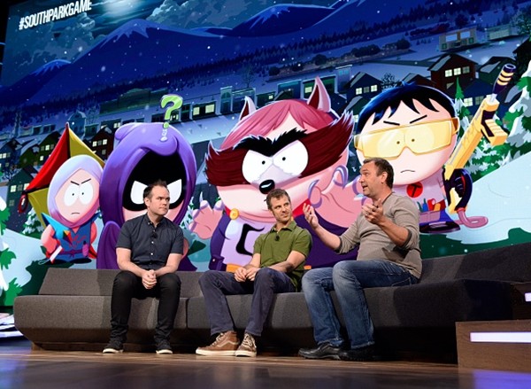 'South Park' creators Matt Stone and Trey Parker introduce the new video game 'South Park: The Fractured but Whole' with producer Jason Schroeder during an Ubisoft news conference at the E3 Gaming Conference.