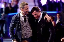 Ryan Reynolds and Ed Skrein accept the Best Fight award for 'Deadpool' onstage during the 2016 MTV Movie Awards at Warner Bros. Studios on April 9, 2016 in Burbank, California.