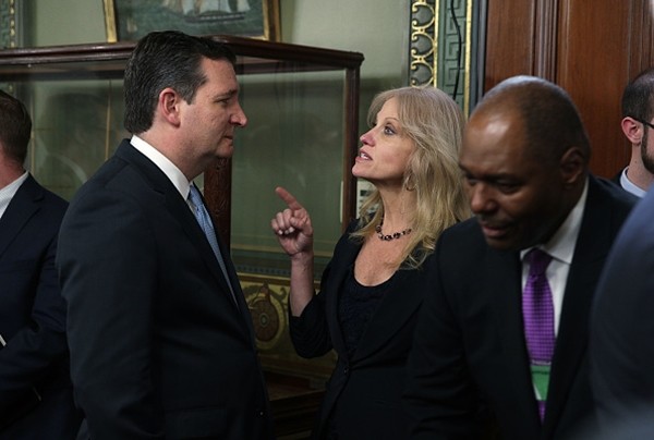 White House Counselor Kellyanne Conway talks to U.S. Sen. Ted Cruz before a swearing-in ceremony in the Vice President's ceremonial office at Eisenhower Executive Office Building March 2, 2017 in Washington, DC.