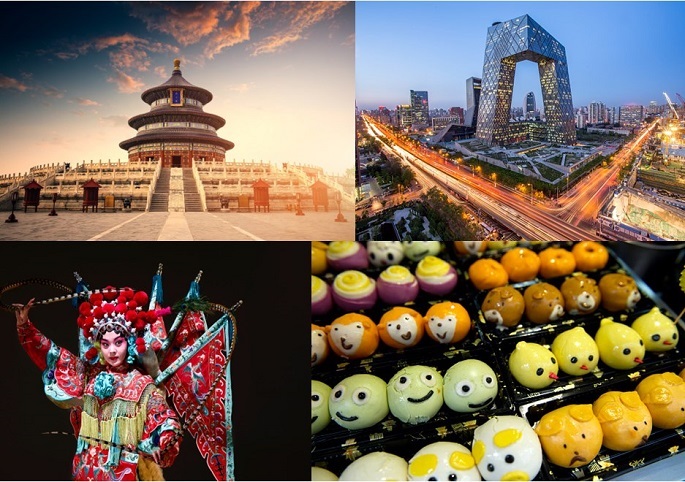 (Clockwise from the top): Temple of Heaven, China Central Television Headquarters, Chinese opera character and Chinese milk bread.