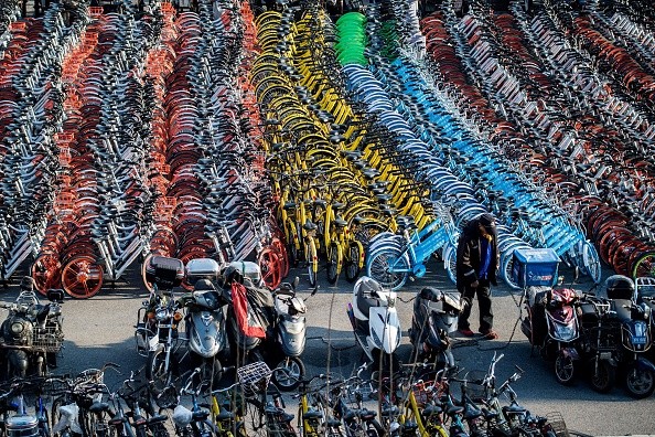 Picture shows impounded bicycles from the bike-sharing schemes Mobike and Ofo in Shanghai. 