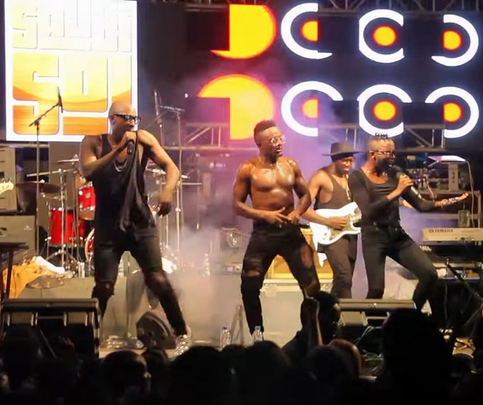 (L-R): Sauti Sol--Bien-Aime Baraza, Savara Mudigi, Willis Chimano and (on guitar) Polycarp Otieno--perform in Kigali, Rwanda, on Sept. 17, 2016 as part of their “Live and Die in Afrika Tour.”