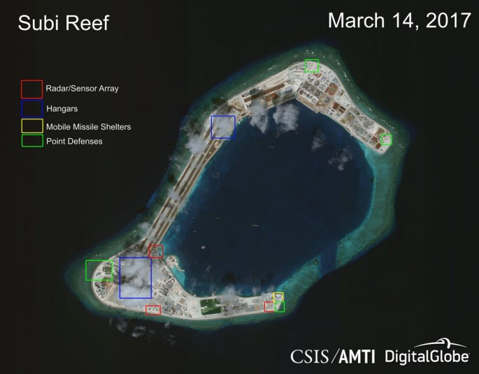 AMTI's satellite photo shows structures built on Subi Reef.