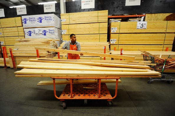 Stacks of lumber at a Home Depot store in Los Angeles.