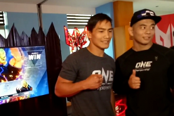 Asian MMA fighters Eduard “Landslide” Folayang and Ev “E.T.” Ting face off in front of the media at the Top of the Citi Restaurant in Citibank Tower on March 28, 2017 in Manila, Philippines. 