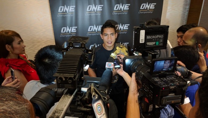 ONE lightweight world champion Eduard "Landslide" Folayang answers questions from the media during the Team Lakay Media Day event on May 9, 2017 at Vikings Venue, SM Mall of Asia Bayside, Pasay City, Philippines.