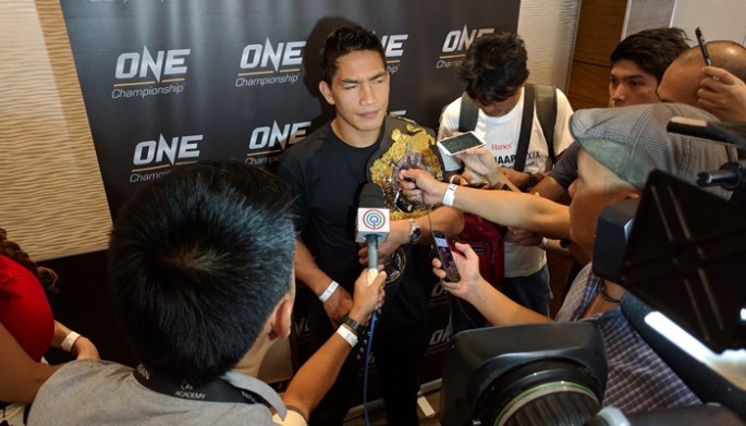 ONE lightweight world champion Eduard "Landslide" Folayang answers questions from the media during the Team Lakay Media Day event on May 9, 2017 at Vikings Venue, SM Mall of Asia Bayside, Pasay City, Philippines.